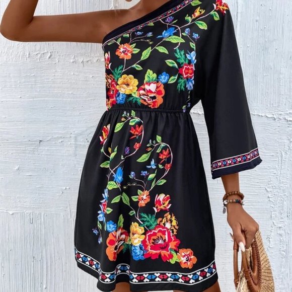 Shabby Chic Floral One Shoulder Mini Dress Black - Picture 5 of 6